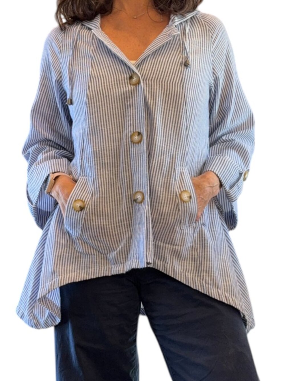 Sigrid Olsen Blue and White Striped Hooded Linen Cape Top